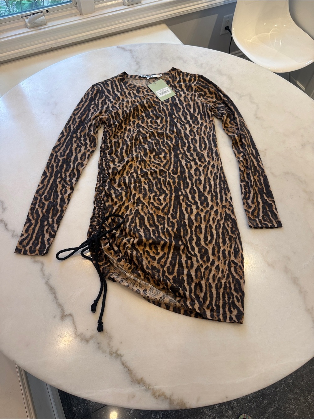 NWT Pam & Gela Brown and Black Leopard-Print Long Sleeve Side-Ruched Dress